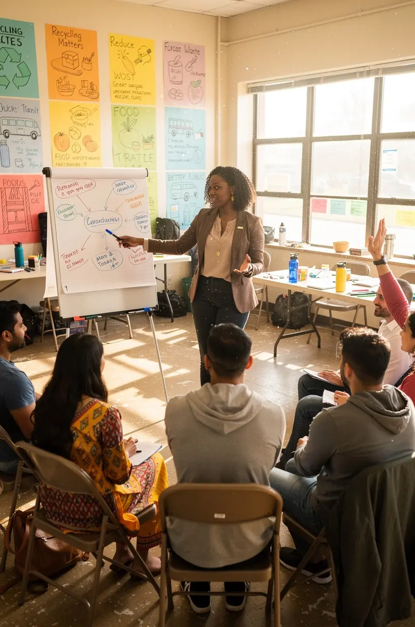 Community members collaborating around a table with laptops and notes to discuss local issues and solutions.